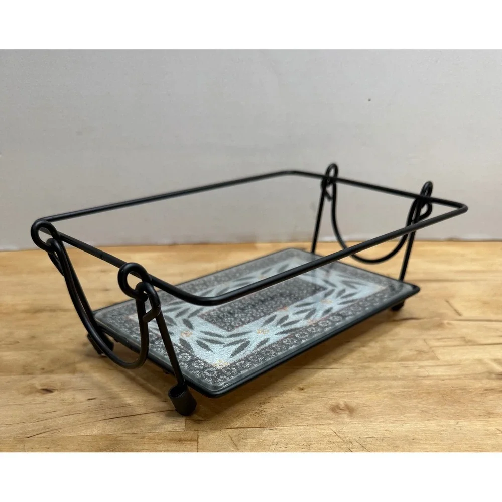 Temp-Tations Old World Wrought Iron Casserole Carrier Stand Black Glass Base